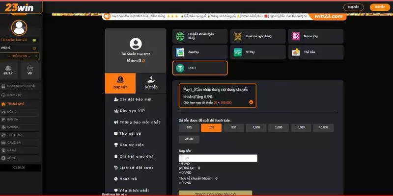 Gửi tiền vào tài khoản cá cược bằng đồng USDT